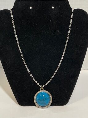 Vintage faux turquoise and faux Indian head coin reversible necklace silver tone